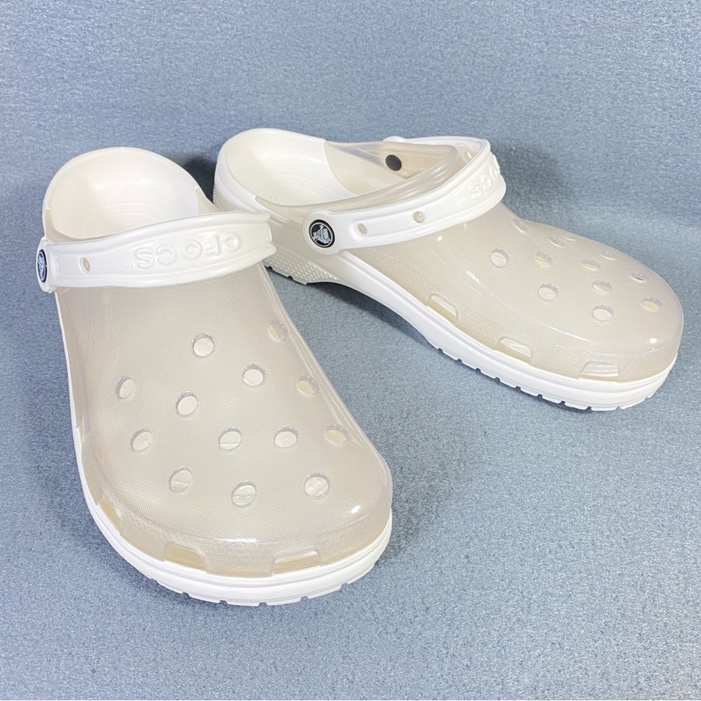 RARE Crocs Classic Clogs Slip-On Translucent Clear Top, White Bottom, Men’s Sz 9